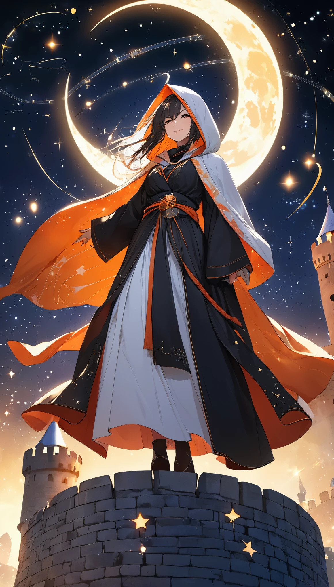 from below, best quality, super fine, 16k, 2.5D, delicate and dynamic depiction, beautiful evil astrologer, evil smile, wearing hooded robe, standing on top of the castle walls and unleash an attack that utilizes astrology, mysteriously glowing horoscope, moon, sun, stars, constellations, mysteriously sinister effects