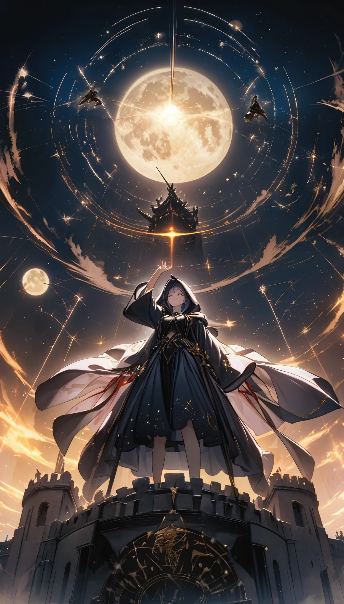 from below, best quality, super fine, 16k, 2.5D, delicate and dynamic depiction, beautiful evil astrologer, evil smile, wearing hooded robe, standing on top of the castle walls and unleash an attack that utilizes astrology, mysteriously glowing horoscope, moon, sun, stars, constellations, mysteriously sinister effects