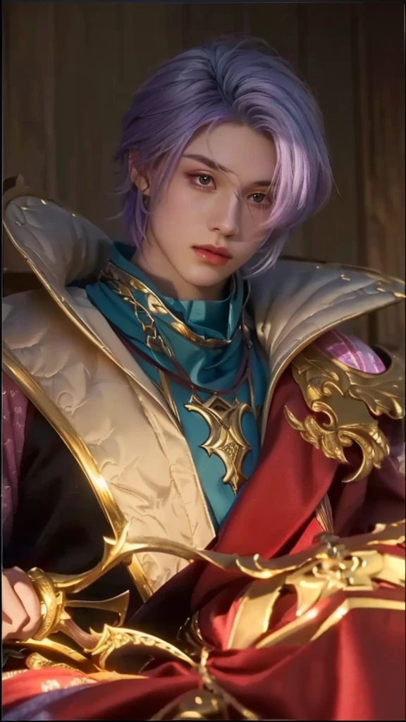 a close up of a boy with detailed purple and white hair, detailed eyes, extremely detailed face, holding a sword, leblanc, style of kieran yanner, tane skin, (best quality,4k,8k,highres,masterpiece:1.2),ultra-detailed,(realistic,photorealistic,photo-realistic:1.37),studio lighting,extreme detail description,vivid colors,fantasy,concept art