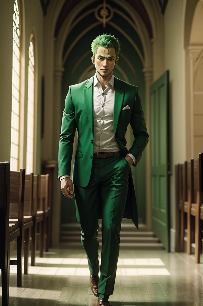 green haired zoro man in love standing walking in green color suit in church