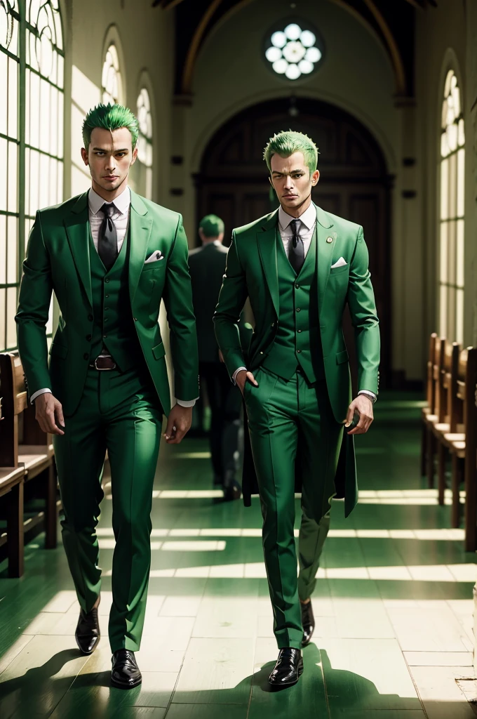 green haired zoro man in love standing walking in green color suit in church