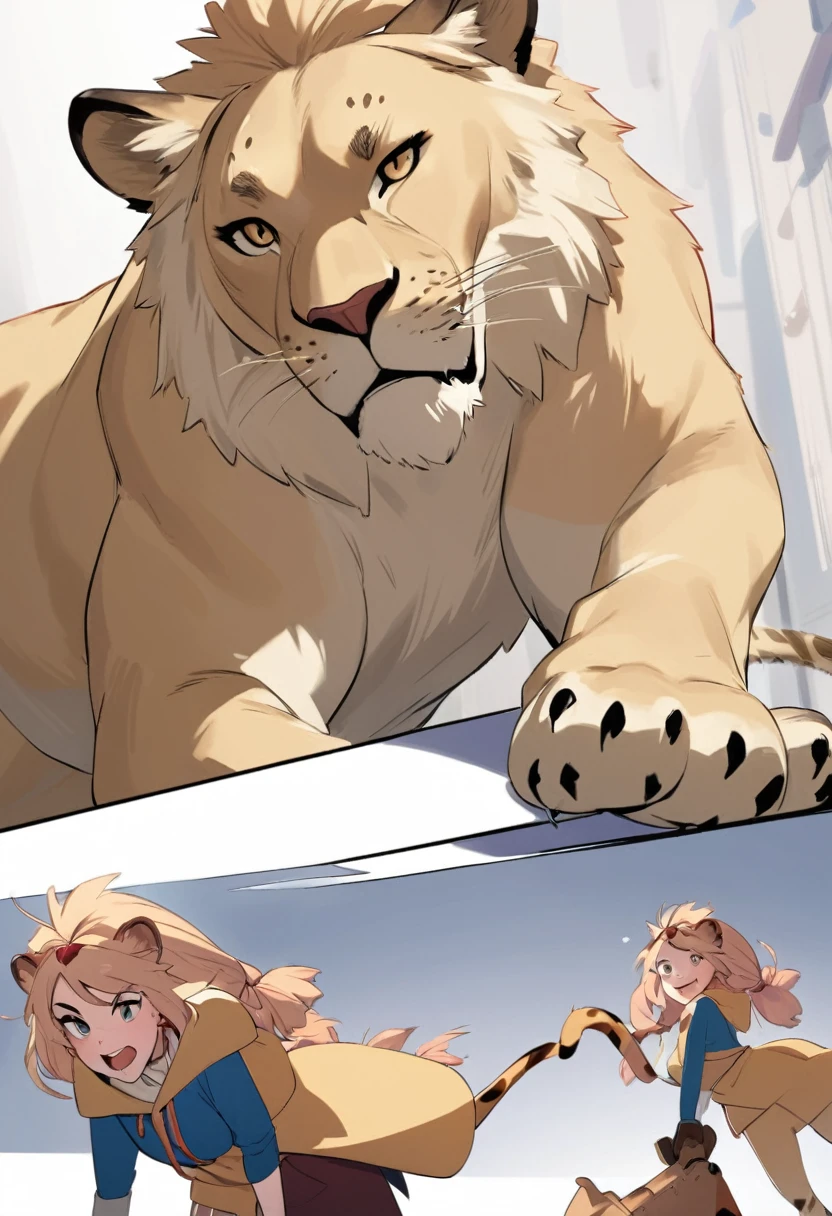 big massive lion with strong muscles, pretty human blonde girl, hugging, cudding, human on anthro, nude, (duo, hetero), (detailed eyes, detailed face,), size difference, (male big than female), looking at partner, hi res, close pic, male with claws