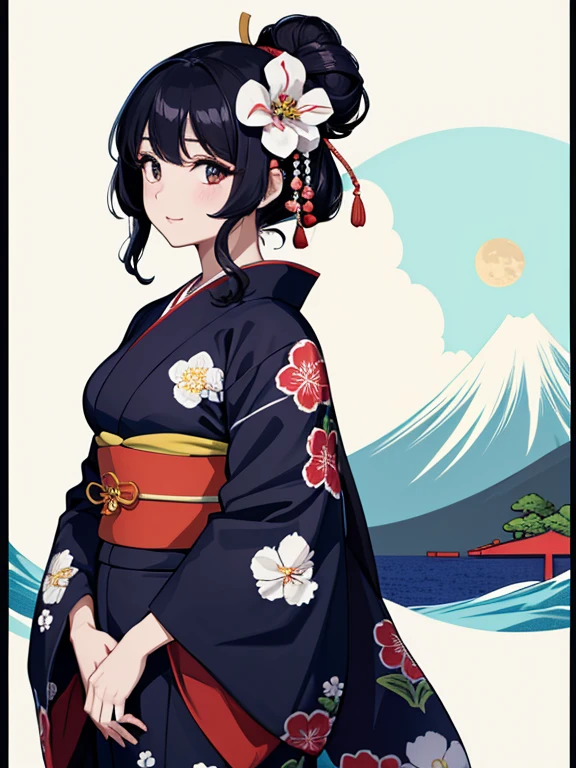 (Highest quality、masterpiece、High resolution、8K)、Ukiyo-e、Vibrant colors、Katsushika Hokusai、1 female、Black hair Japanese topknot、whole body、The kimono has a vivid floral pattern on a white background.、Official Art、背景はUkiyo-e風、White waves and Mt. Fuji、Flowers and Moon、White waves and the moon