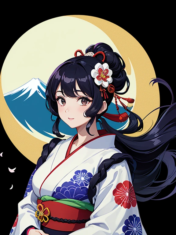 (Highest quality、masterpiece、High resolution、8K)、Ukiyo-e、Vibrant colors、Katsushika Hokusai、1 female、Black hair Japanese topknot、whole body、The kimono has a vivid floral pattern on a white background.、Official Art、背景はUkiyo-e風、White waves and Mt. Fuji、Flowers and Moon、White waves and the moon