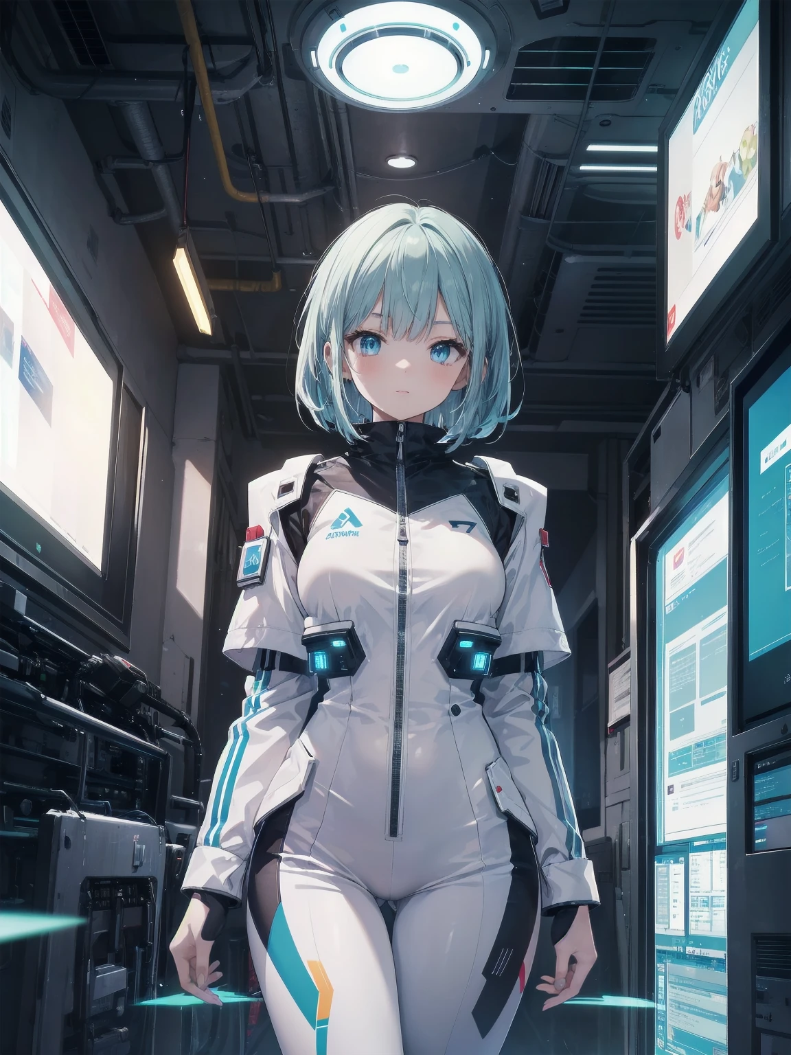 (Masterpiece: 1.2), (Best quality: 1.2), Superb resolution, Very detailed. BREAK. ((Anime girl in cute futuristic school uniform)), clear girl, (1, Tech-savvy, : 1.3), curious expression, techy pose, sleek bob haircut, cybernetic eyes, slim figure, (Top quality: 1.2), very high resolution, very detailed. Expressive eyes, beautifully detailed lips, high resolution detailed hair, perfect face, smooth skin, hologram-projecting hands, perfect lighting. BREAK. ((Futuristic uniform with LED accents)), ((Sleek white jumpsuit, glowing blue trim, digital displays: 1.3)), touch-screen cuffs, hover-sneakers. BREAK. (High-tech classroom), holographic screens, robot assistants, anti-gravity desks, (cowboy shot framing: 1.2). BREAK. ((Positive: 1.3)). BREAK. Digital animation art, sci-fi anime style illustration