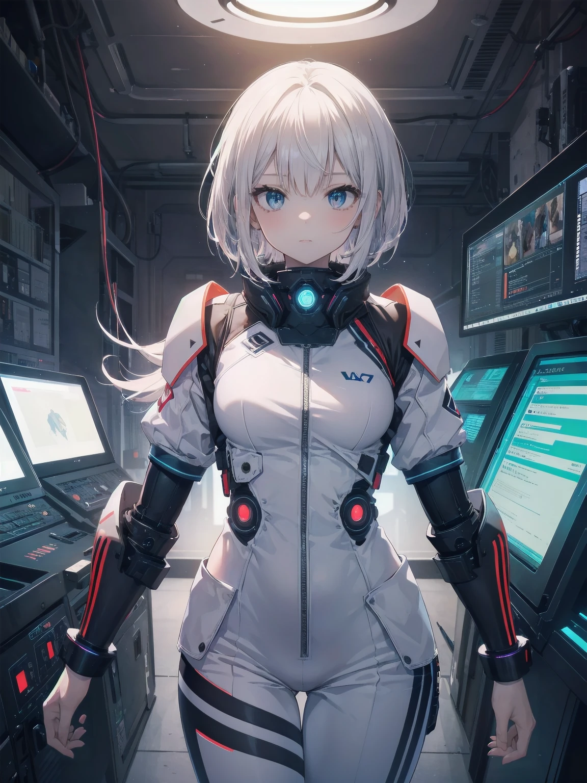 (Masterpiece: 1.2), (Best quality: 1.2), Superb resolution, Very detailed. BREAK. ((Anime girl in cute futuristic school uniform)), clear girl, (1, Tech-savvy, : 1.3), curious expression, techy pose, sleek bob haircut, cybernetic eyes, slim figure, (Top quality: 1.2), very high resolution, very detailed. Expressive eyes, beautifully detailed lips, high resolution detailed hair, perfect face, smooth skin, hologram-projecting hands, perfect lighting. BREAK. ((Futuristic uniform with LED accents)), ((Sleek white jumpsuit, glowing blue trim, digital displays: 1.3)), touch-screen cuffs, hover-sneakers. BREAK. (High-tech classroom), holographic screens, robot assistants, anti-gravity desks, (cowboy shot framing: 1.2). BREAK. ((Positive: 1.3)). BREAK. Digital animation art, sci-fi anime style illustration