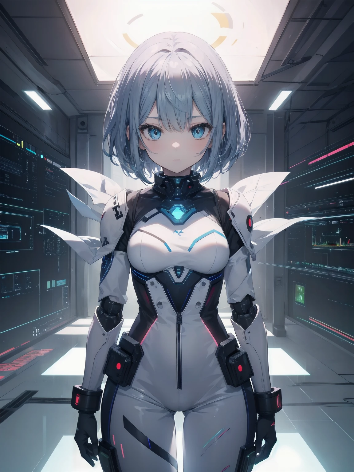 (Masterpiece: 1.2), (Best quality: 1.2), Superb resolution, Very detailed. BREAK. ((Anime girl in cute futuristic school uniform)), clear girl, (1, Tech-savvy, 17 years old: 1.3), curious expression, techy pose, sleek bob haircut, cybernetic eyes, slim figure, (Top quality: 1.2), very high resolution, very detailed. Expressive eyes, beautifully detailed lips, high resolution detailed hair, perfect face, smooth skin, hologram-projecting hands, perfect lighting. BREAK. ((Futuristic uniform with LED accents)), ((Sleek white jumpsuit, glowing blue trim, digital displays: 1.3)), touch-screen cuffs, hover-sneakers. BREAK. (High-tech classroom), holographic screens, robot assistants, anti-gravity desks, (cowboy shot framing: 1.2). BREAK. ((Positive: 1.3)). BREAK. Digital animation art, sci-fi anime style illustration