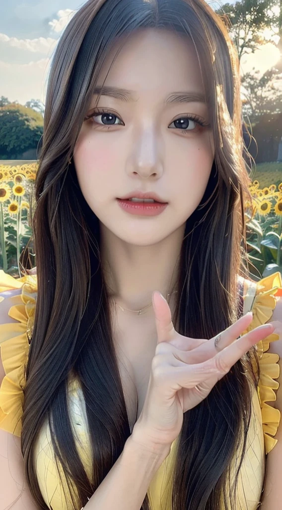 (masterpiece:1.3), (best quality:1.1), (8k, ultra detailed, ultra high res:1.2), ((anime style)), perfect 5 fingers, perfect anatomy, 1girl, long hair, black hair, Double eyelid, outdoor, outside, sunflower field, upper body, peace fingers,