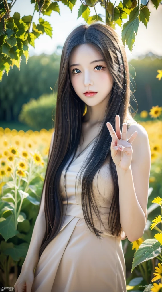 (masterpiece:1.3), (best quality:1.1), (8k, ultra detailed, ultra high res:1.2), ((anime style)), perfect 5 fingers, perfect anatomy, 1girl, long hair, black hair, Double eyelid, outdoor, outside, sunflower field, upper body, peace fingers,