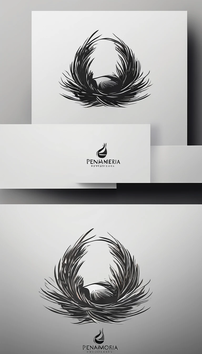 A minimal, modern, simple, cinematic logo design for the brand “Penamemoria". Create a modern, minimalistic, high-quality, logo of a boy inside a nest made of feathers. The logo must be a symbol for dreams, stories, memories, music and imagination.