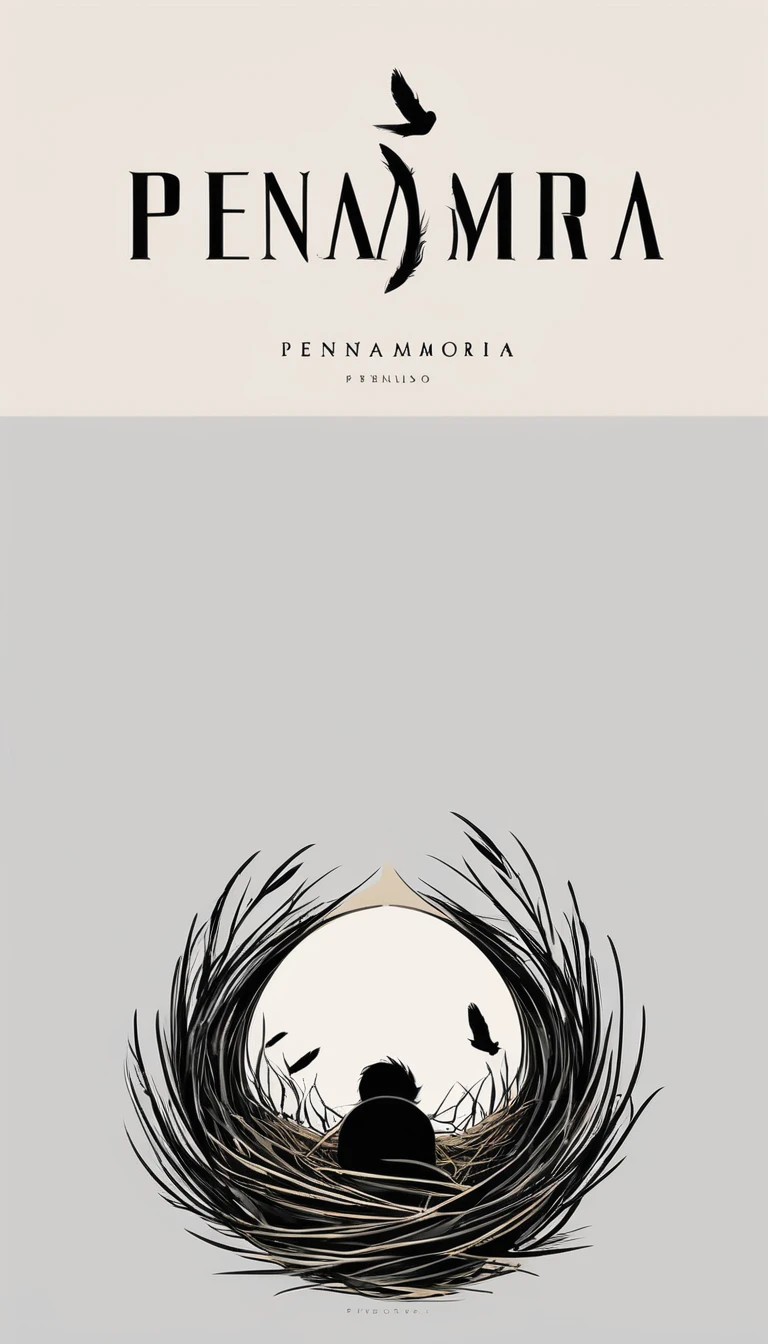 A minimal, modern, simple, cinematic logo design for the brand “Penamemoria". Create a modern, minimalistic, high-quality, logo of a boy inside a nest made of feathers. The logo must be a symbol for dreams, stories, memories, music and imagination.