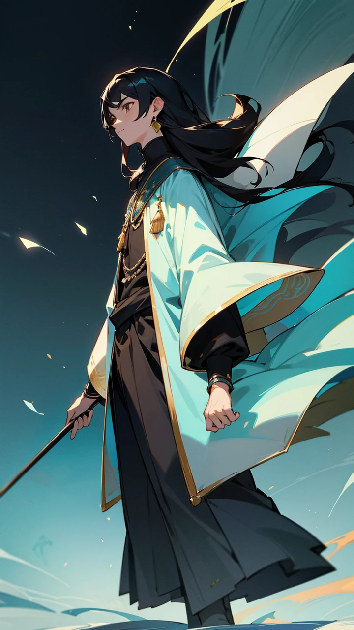 Draw a 25-year-old boy of Turkish origin from a noble family with black hair and brown eyes., She wears a blue and black Muslim outfit, wearing some rings and a jade earring, her hair is light and measures 1.66. Draw him walking through his anime-style villa