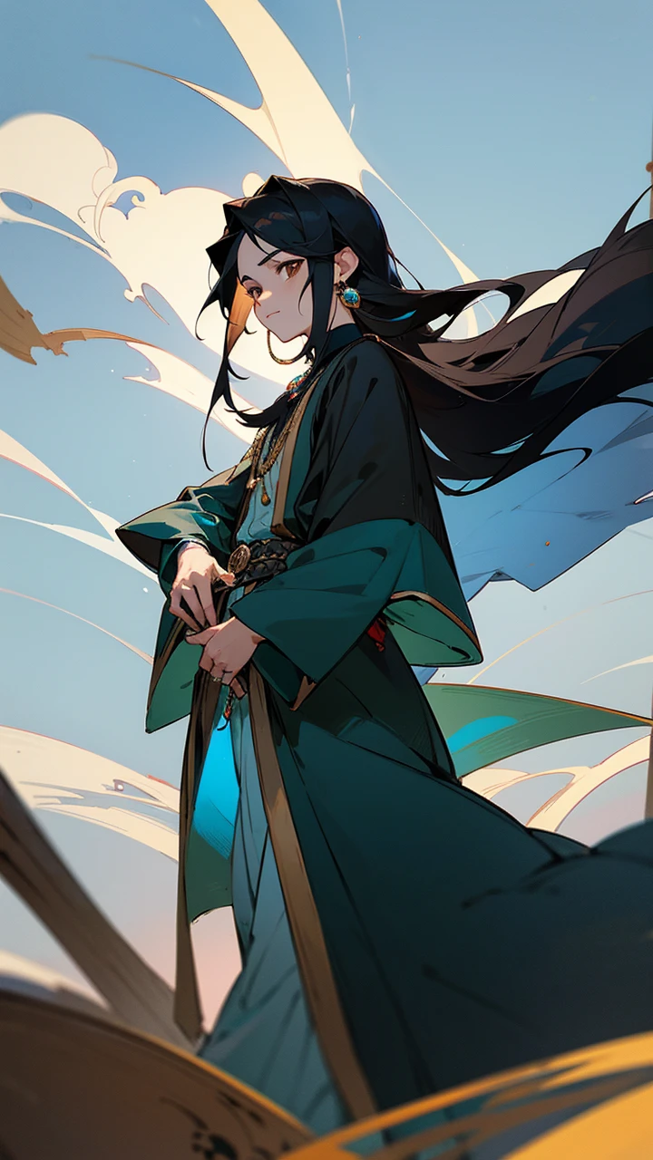 Draw a 25-year-old boy of Turkish origin from a noble family with black hair and brown eyes., She wears a blue and black Muslim outfit, wearing some rings and a jade earring, her hair is light and measures 1.66. Draw him walking through his anime-style villa