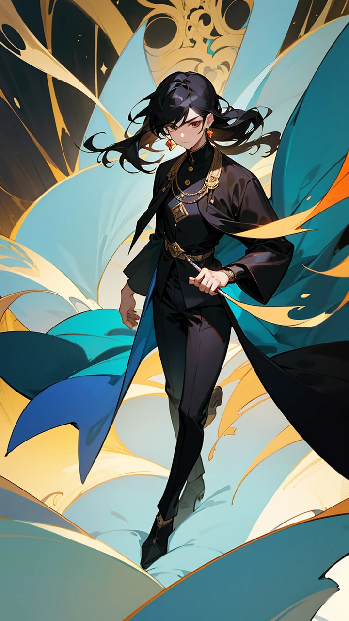 Draw a 25-year-old boy of Turkish origin from a noble family with black hair and brown eyes., She wears a blue and black Muslim outfit, wearing some rings and a jade earring, her hair is light and measures 1.66. Draw him walking through his anime-style villa