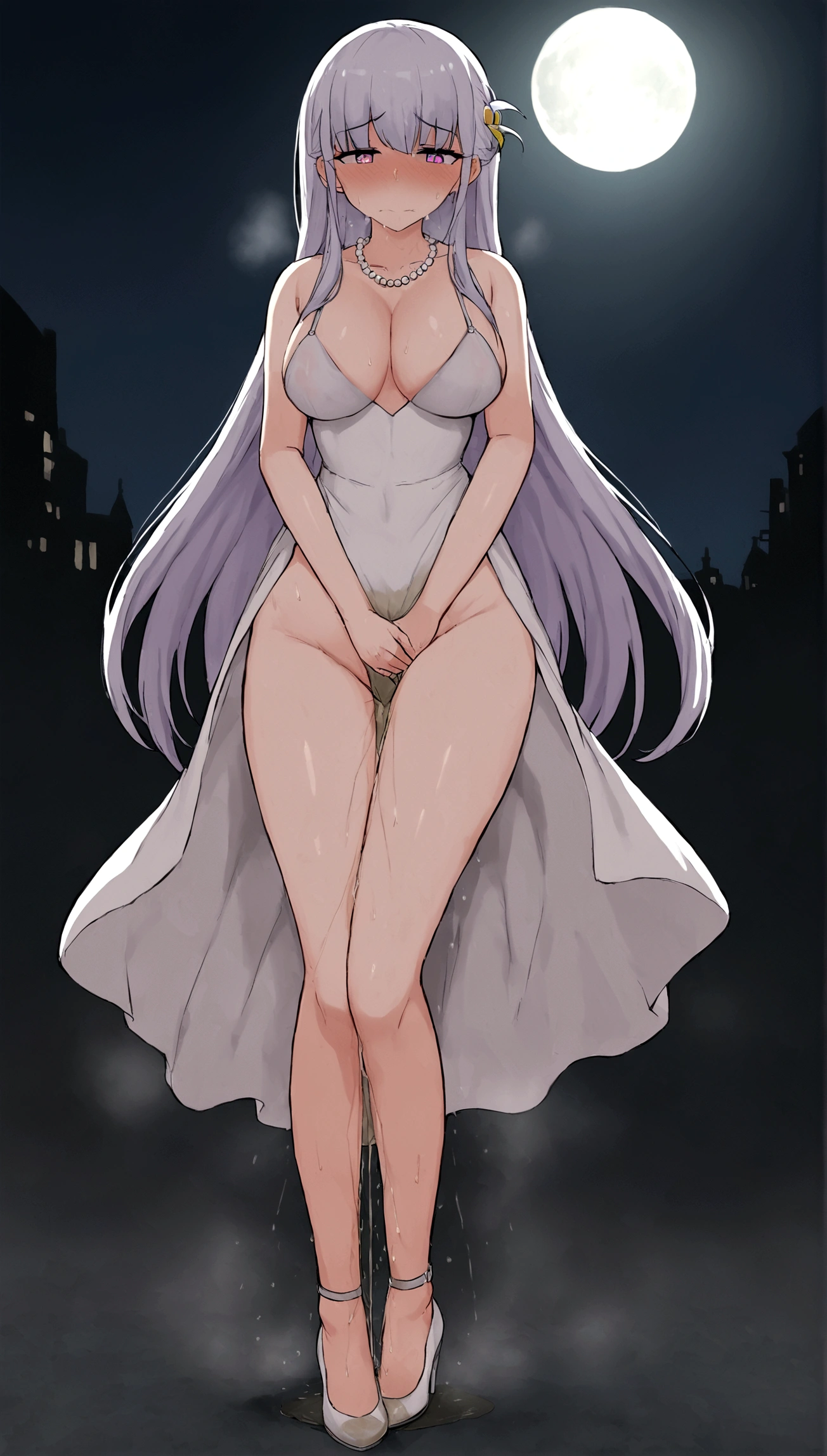Anime. 1 Girl. Cute girl. Goddess. Goddess of dreams and dreams. Clumsy goddess. Silver-pearl hair. Long hair. Rainbow eyes. Beautiful eyes. Perfect eyes. Expressive eyes. Blind eyes. Blind. Ideal face. Ideal anatomical body. Beautiful long legs. Beautiful body. Beautiful nose. 20 years. Medium breasts. The chest is covered by the neckline of the dress. Beautiful character design. Shiny skin. Luxurious dress. Silk dress with a large neckline. Evening Dress. White dress. Hair ornaments. Pearl necklace. Earrings. No panties. Shoes. Cold. Nose. Nasal mucus. Snot. Handkerchief. Blow your nose into a nasal flap. Wipes his nose with a handkerchief. She wants to sneeze. She needs to sneeze. She has a strong, desperate urge to sneeze. She sneezes. She sneezes, covering her nose with her hands. She sneezes in
handkerchief. Hand on crotch. He squeezes his crotch tightly. Rubs the crotch. Legs together and feet apart. Urinary incontinence. She wants to pee. She needs to pee. She has a strong, desperate urge to pee. She peed herself. The girl can't stand straight. She peed herself while standing during a date at night. Middle Ages. Fantasy. City. Street. Night. Full moon. Snot flows from the nose. Date at night. Whole body. nsfw. Official art. Extremely detailed CG Unity 8k wallpaper. Ideal lighting. Ultra high resolution 4K. Super detailed 8K. A high resolution.