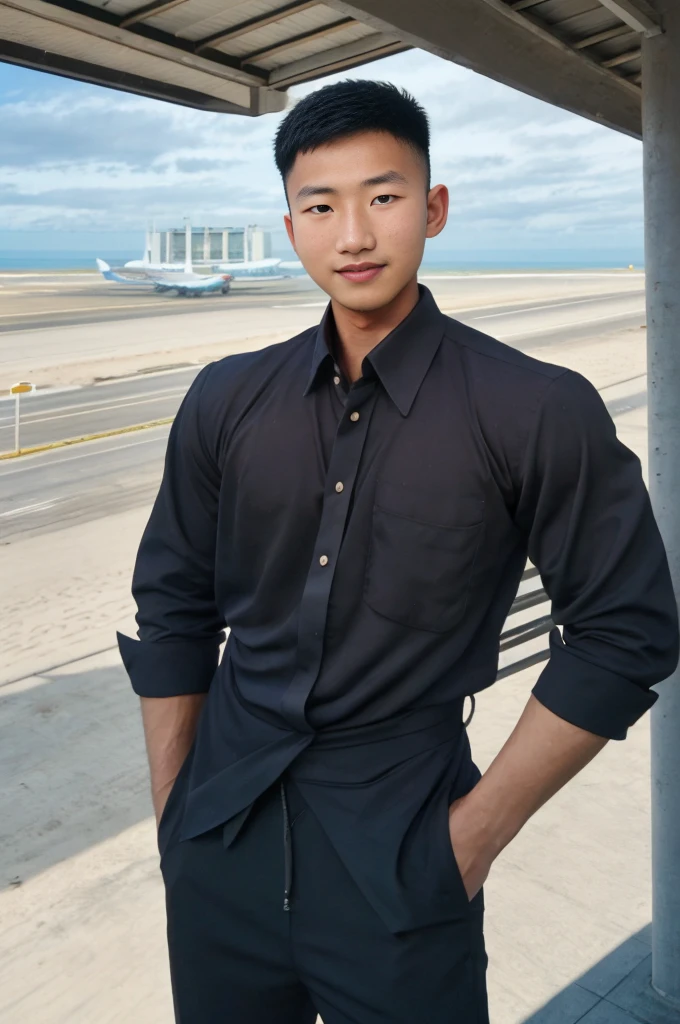 A young Asian man with large muscles looks at the camera. In a black button-down shirt , seaside beach sunlight looking at the airport