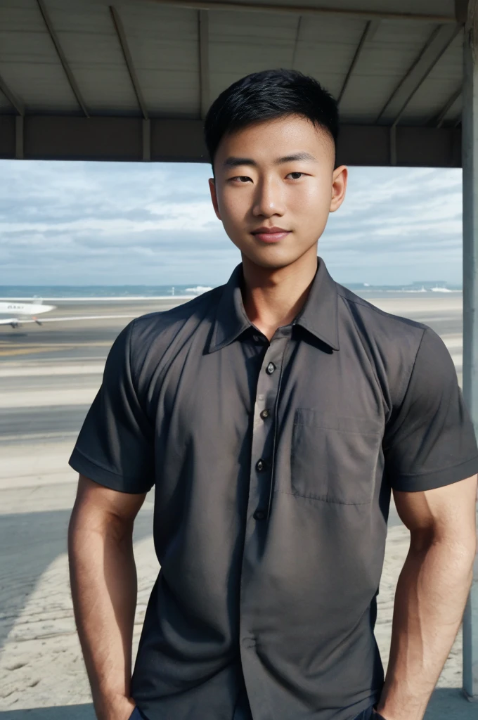 A young Asian man with large muscles looks at the camera. In a black button-down shirt , seaside beach sunlight looking at the airport