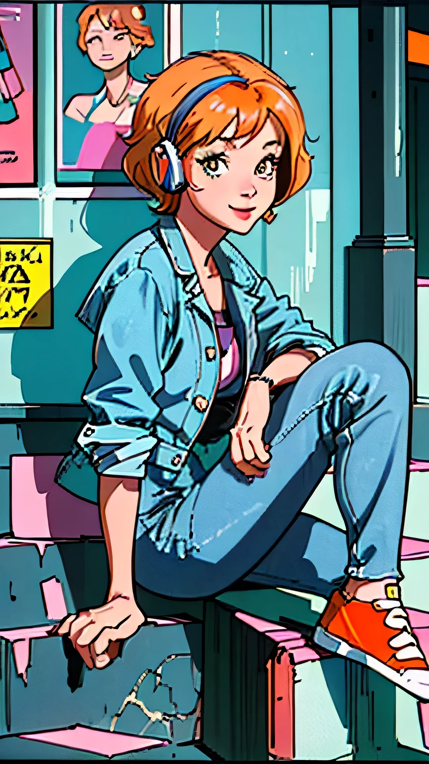 highest quality, masterpiece), 1 Girl, 1980s \(style\)She looks at the viewer with a beautiful smile, \(style\)Upper Body,pin up ,　 \(style\)Light orange hair color,\(style\), Sitting on the stairs,\(style\), citypop, lofi,\(style\),1980s fashion,casual,1980s fashion, Put on headphones,Wearing denim shorts,