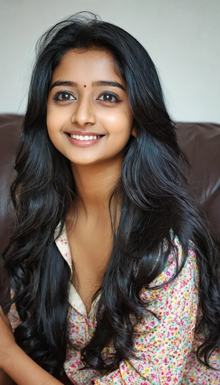 Beautiful cute young attractive indian teenage girl, anuska sen, 22 years old, cute, Instagram model, long black_hair, colorful hair, warm, dacing, shy smile, nude , in home sit at sofa, Indian.