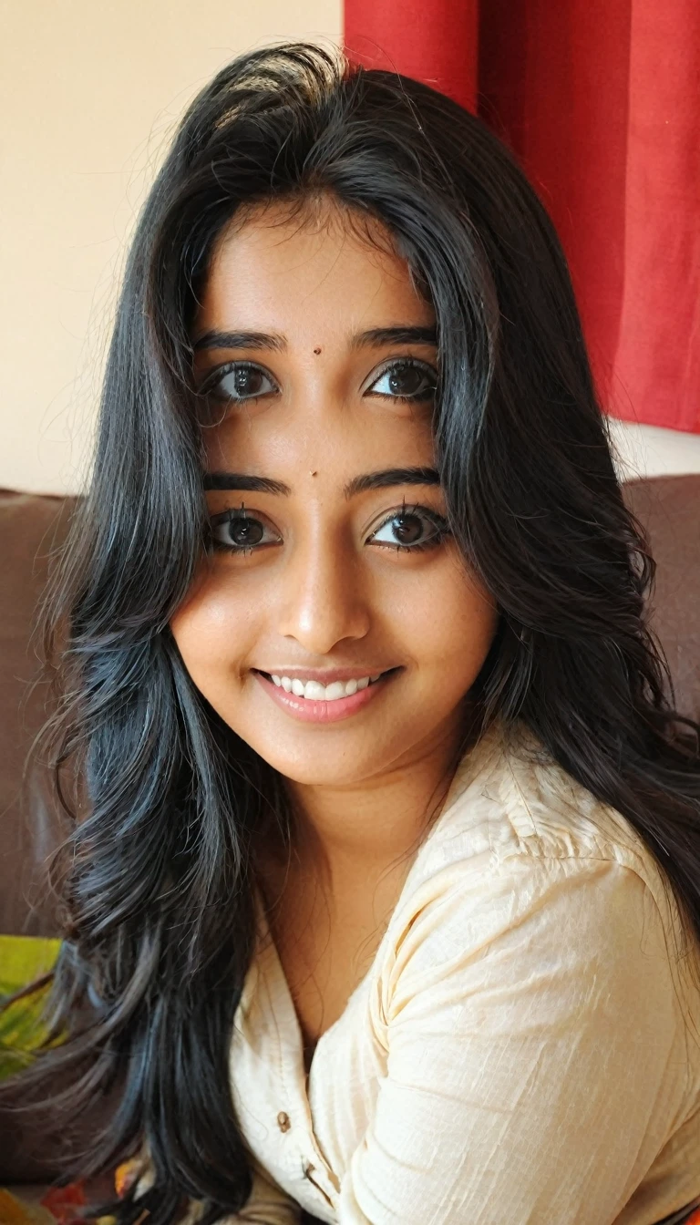 Beautiful cute young attractive indian teenage girl, anuska sen, 22 years old, cute, Instagram model, long black_hair, colorful hair, warm, dacing, shy smile, nude , in home sit at sofa, Indian.