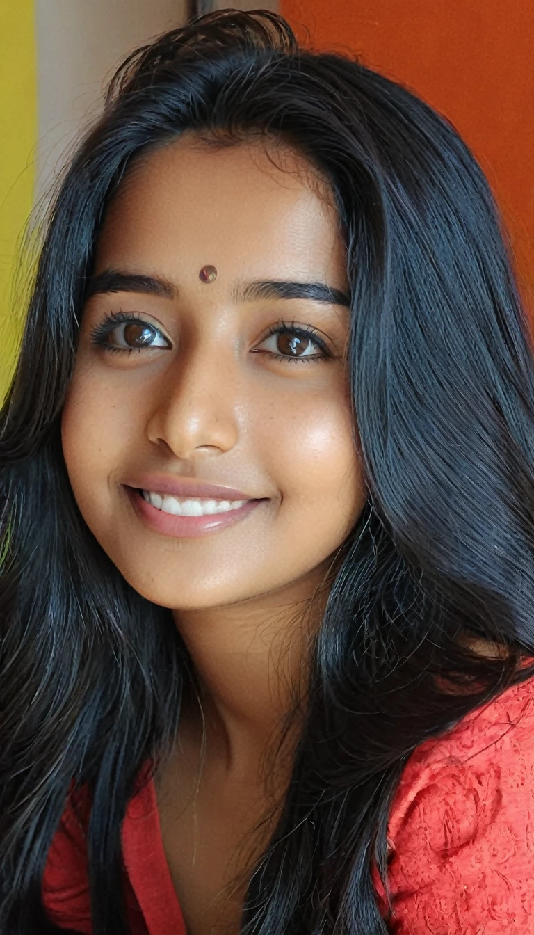Beautiful cute young attractive indian age girl, anuska sen, 22 years old, cute, Instagram model, long black_hair, colorful hair, warm, dacing, shy smile, nude , in home sit at sofa, Indian.