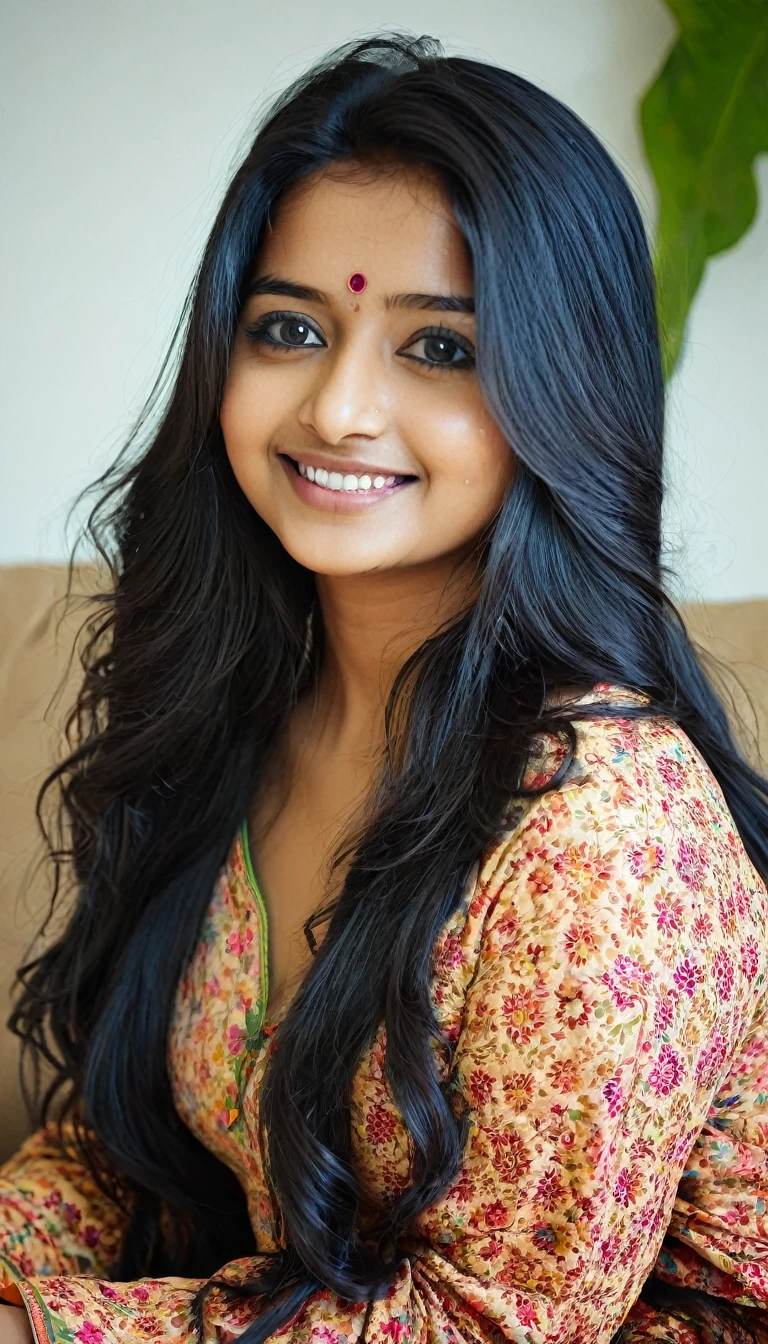 Beautiful cute young attractive indian age girl, anuska sen, 22 years old, cute, Instagram model, long black_hair, colorful hair, warm, dacing, shy smile, nude , in home sit at sofa, Indian.