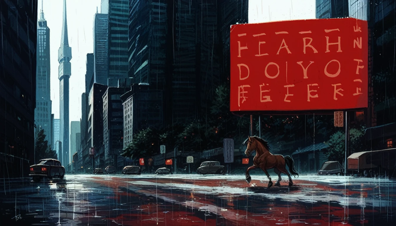 There was a man riding a horse in the rain in a city, Satoshi Kon&#39;s style, Yohji Shinkawa and Geoff Darrow, Satoshi Kon&#39;s art style, Set in a post-apocalyptic Tokyo, Japanese Science Fiction Book Art, Inspired by Satoshi Kon, author：Tadashi Nakayama, Katsuhiro Otomo&#39;s style, author：Teraoka Takemori