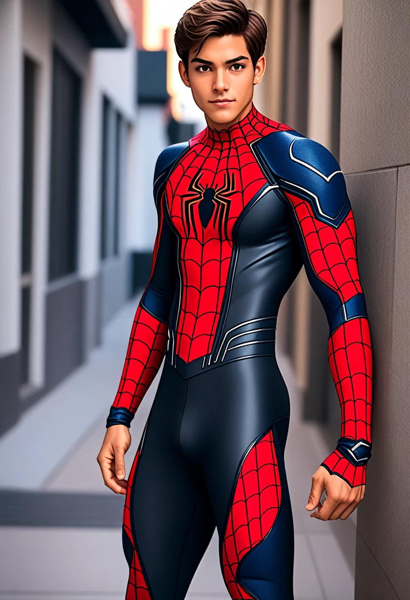 A twenty year old handsome hispanic. with short brown hair cosplaying a red and black spiderman suit. Well toned body and sharp jawline