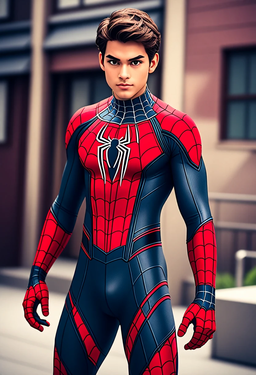 A twenty year old handsome hispanic. with short brown hair cosplaying a red and black spiderman suit. Well toned body and sharp jawline