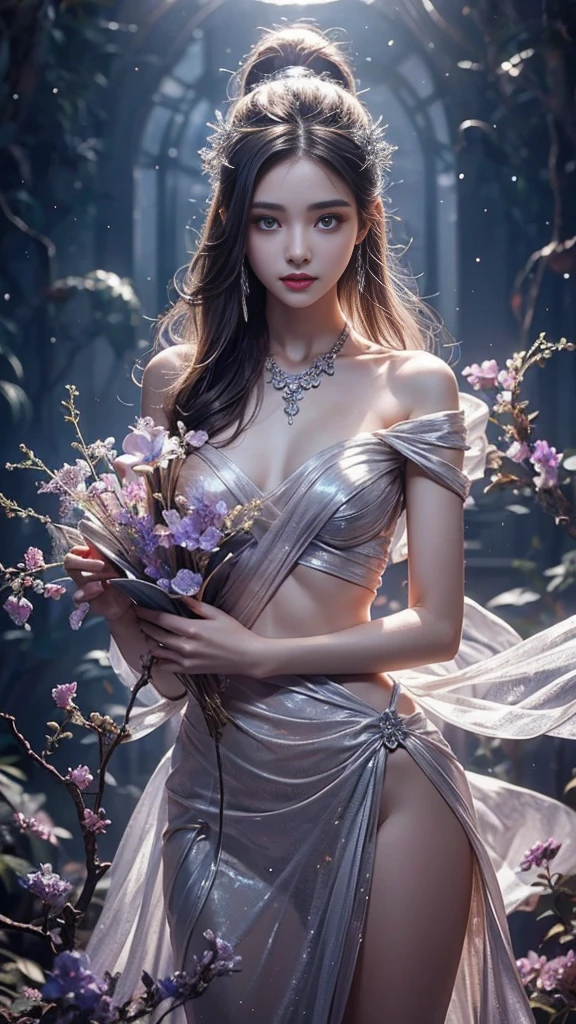 Full figure, seven -clinging shooting, 18 years old, wearing  firefly clothes, exquisite faces, details, hands, ultimate details, amazing magnificence, Pedaipan style, fiber hair, glowing silver iris, glowing silver flower,