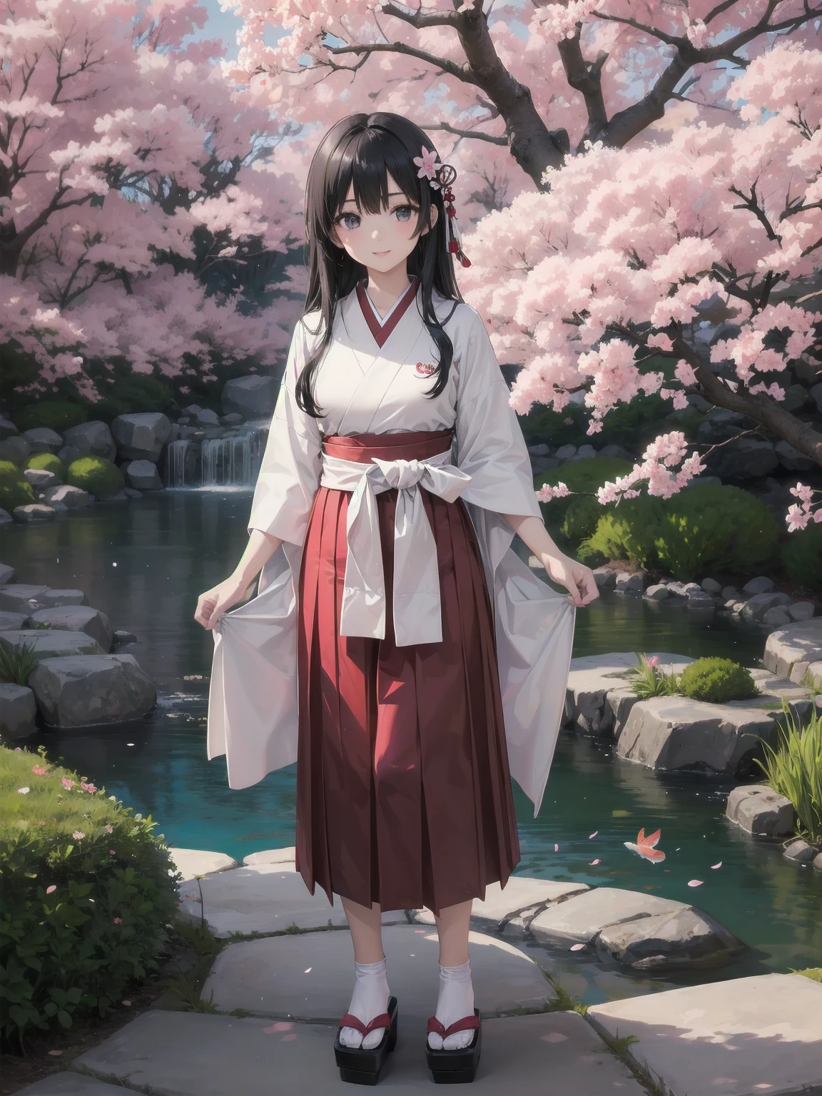 (Masterpiece: 1.2), (Best quality: 1.2), Superb resolution, Very detailed. BREAK. ((Anime girl in cute traditional Japanese school uniform)), clear girl, (1, Serene, : 1.3), gentle smile, graceful pose, long straight hair, calm eyes, slender figure, (Top quality: 1.2), very high resolution, very detailed. Expressive eyes, beautifully detailed lips, high resolution detailed hair, perfect face, porcelain skin, elegant hands, perfect lighting. BREAK. ((Modern take on traditional hakama uniform)), ((White kimono-style top, red hakama skirt: 1.3)), cherry blossom embroidery, geta sandals. BREAK. (Traditional Japanese school garden), zen rock garden, koi pond, cherry blossom trees, (cowboy shot composition: 1.2). BREAK. ((Positive: 1.3)). BREAK. Digital animation art, traditional anime style illustration