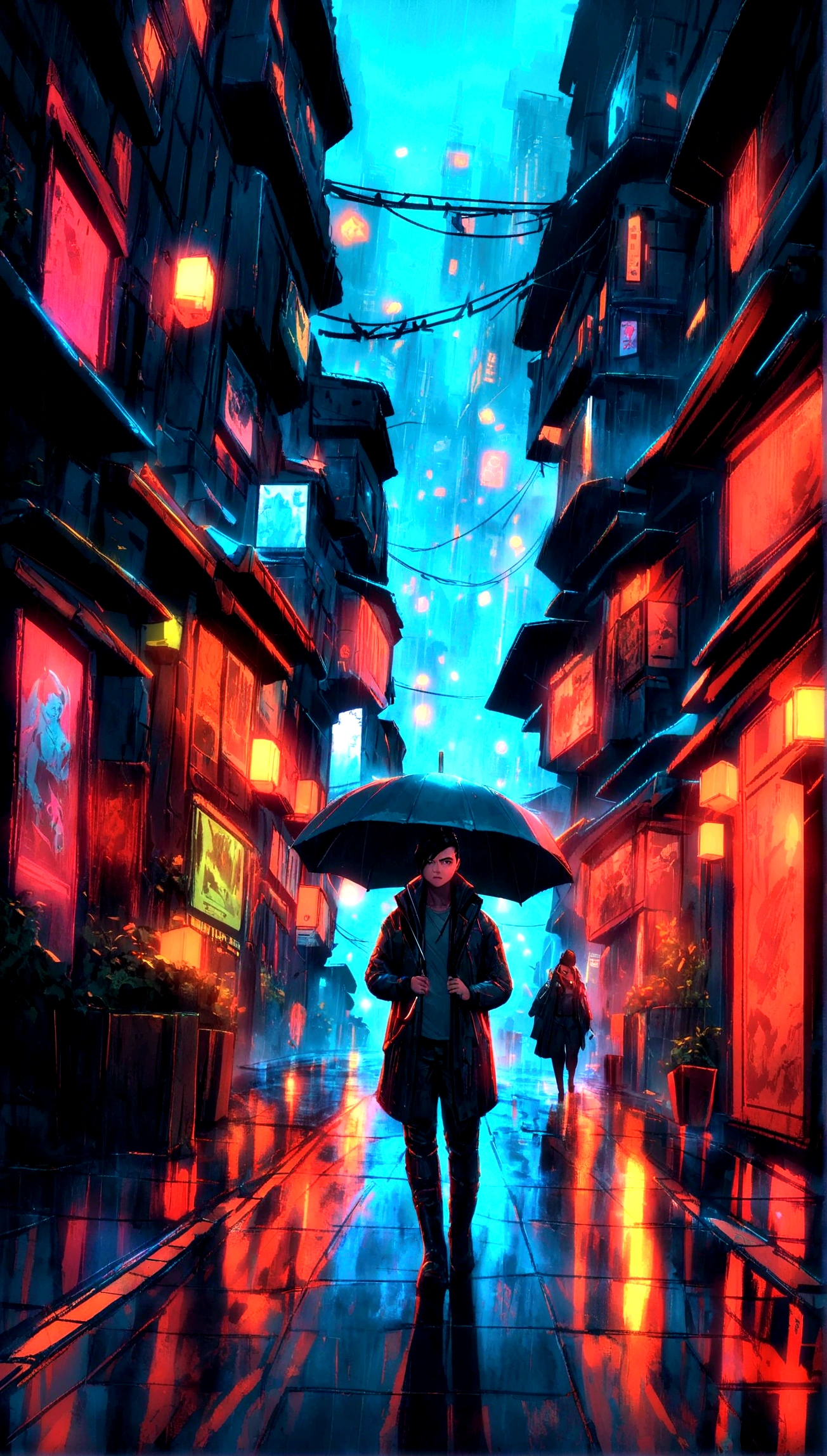 a person walking down a street with a umbrella in the rain, inspired by Liam Wong, china town blade runner, by Kilian Eng, ( ( ( ( ( dan mumford ) ) ) ) ), cyberpunk street, cyberpunk streets in japan, cyberpunk anime art, cyberpunk art style, cyberpunk alley, by Liam Wong, kowloon cyberpunk, cyberpunk themed art, cyberpunk aesthetics, behind shot:1.5