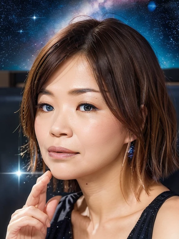 1 Girl, solo, (astrologer), 
mysterious, Fantasy, grace, Calm, Silence, intellectual, ancient, Beyond time and space, dream, aura,
Dark eyeshadow, Star shaped glitter, Sparkling Highlights, Rich Lip Color, Smokey Eye, mysteriousなアイライナー, 
universe space, shooting star, planet,
astrologerが魔法の杖を使って星を指し示している,
Sparkling meteor shower, Magic Light, Reflecting Galaxy