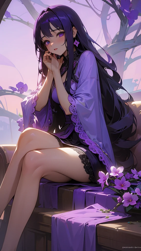 The girl with long black hair is wearing pale pink flowers on the right side of her head, lilac eyes, and is wearing light blue-purple antique clothes, revealing white-purple underwear looming --auto
