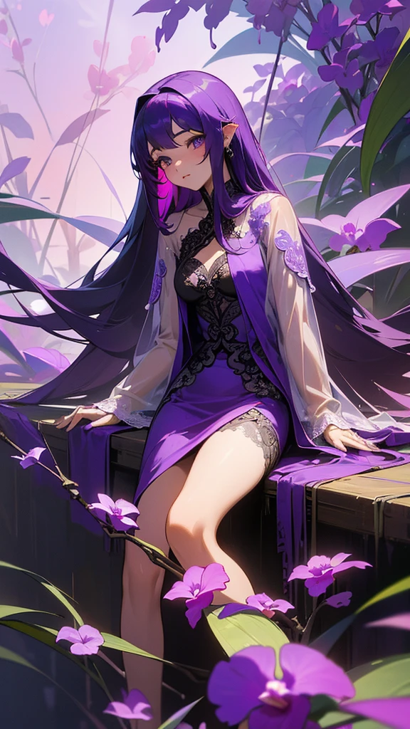 best quality,masterpiece,Ultra-high resolution,(photoactual:1.4),AnReal Model,A sky full of purple orchids（background）,14 year old violet fairy（oriental woman）,Purple shawl long hair,cute eyes,Sexy body,Wearing a purple orchid lace skirt,sitting on purple orchid leaves,Drink tea