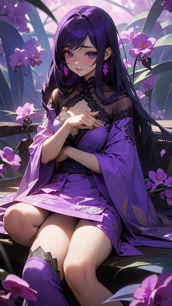 best quality,masterpiece,Ultra-high resolution,(photoactual:1.4),AnReal Model,A sky full of purple orchids(background), violet fairy(oriental woman),Purple shawl long hair,cute eyes,Sexy body,Wearing a purple orchid lace skirt,sitting on purple orchid leaves,Drink tea