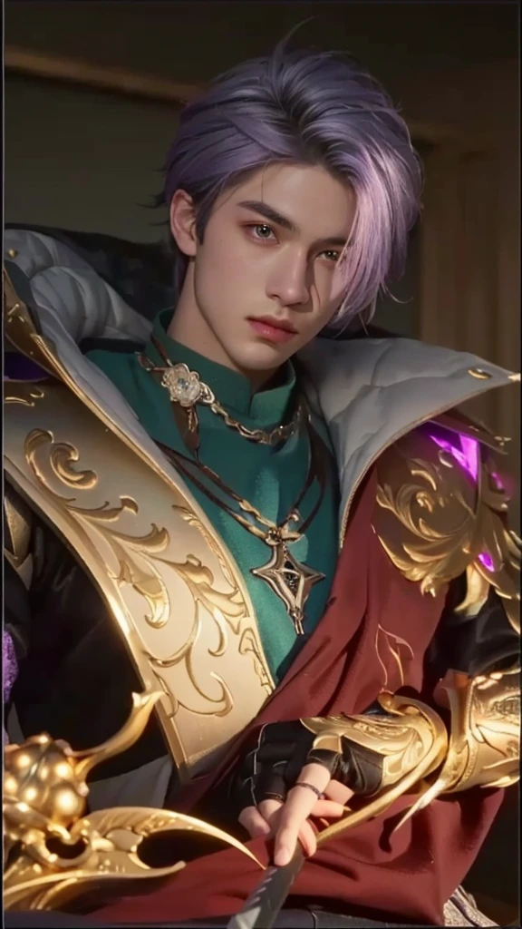 a close up of a boy with detailed purple and white hair, detailed eyes, extremely detailed face, holding a sword, leblanc, style of kieran yanner, tane skin, (best quality,4k,8k,highres,masterpiece:1.2),ultra-detailed,(realistic,photorealistic,photo-realistic:1.37),studio lighting,extreme detail description,vivid colors,fantasy,concept art