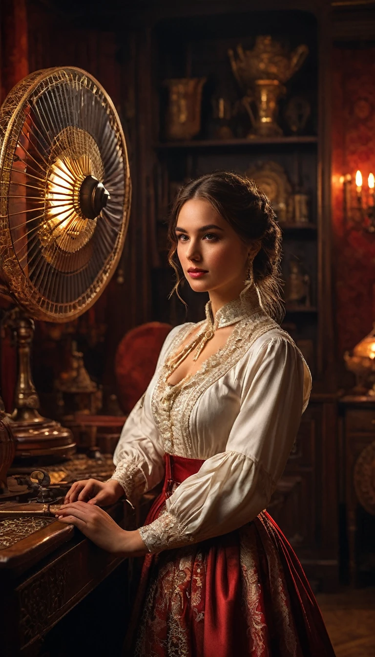 Photo of a young woman standing in a vintage room filled with wooden display cabinets and various antique items. The woman is wearing a Victorian-style outfit, consisting of a white blouse with ruffled sleeves and a high neckline, paired with a full-length golden skirt that has lace detailing. She holds an open white lace fan. The lighting is warm and ambient, highlighting the red tones of the wood and creating soft shadows around the room. The pose is elegant and poised, with one hand holding the fan to the face and the other gently lifting the skirt. Properties include intricate woodwork on the cabinets and reflective glass surfaces showcasing antique objects inside. The camera angle is from behind at eye level, capturing both the subject's attire and surrounding details., hyper realistic, ultra detailed hyper realistic, photorealistic, Studio Lighting, reflections, dynamic pose, Cinematic, Color Grading, Photography, Shot on 50mm lens, Ultra-Wide Angle, Depth of Field, hyper-detailed, beautifully color, 8k