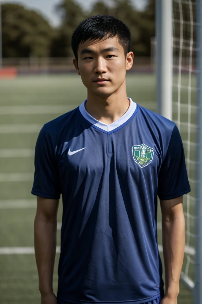 young asian man Looking at the camera in a sports shirt , Fieldside, beach, sunlight, looking at the football field