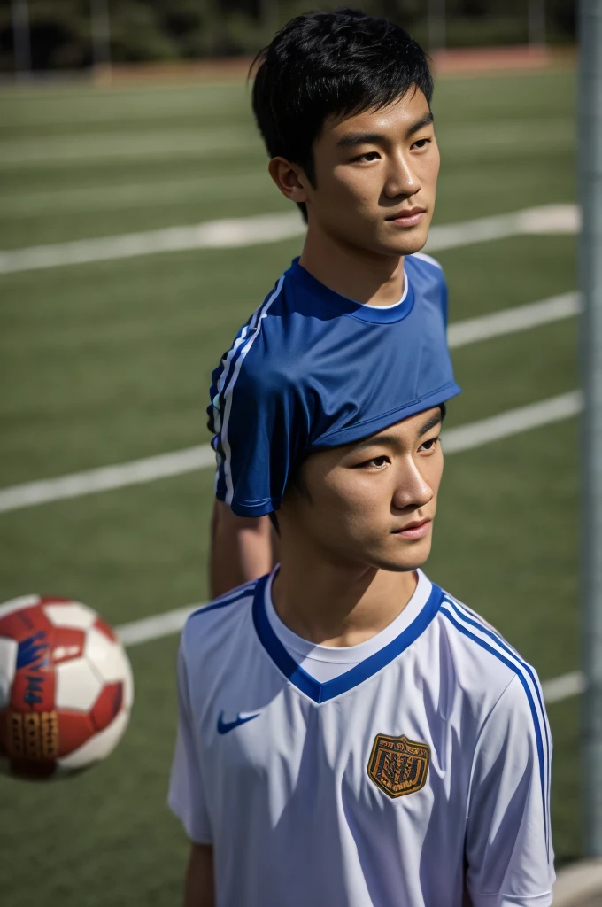 young asian man Looking at the camera in a sports shirt , Fieldside, beach, sunlight, looking at the football field