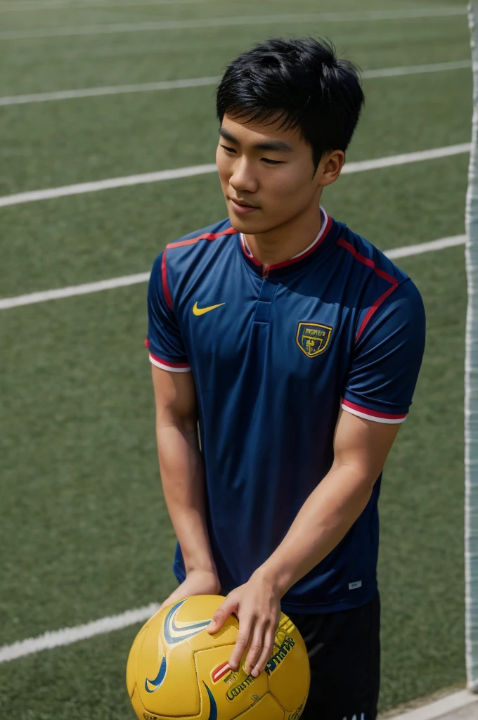 young asian man Looking at the camera in a sports shirt , Fieldside, beach, sunlight, looking at the football field