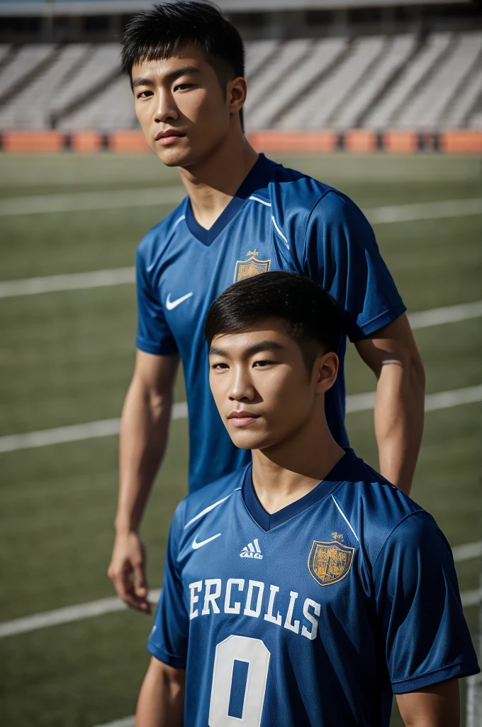 young asian man Looking at the camera in a sports shirt , Fieldside, beach, sunlight, looking at the football field