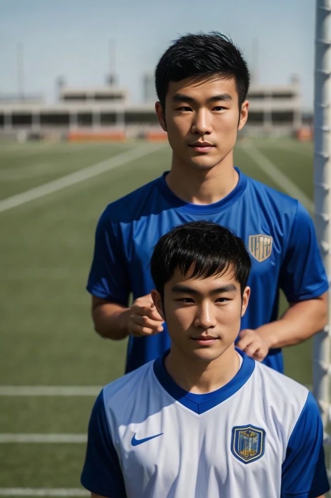 young asian man Looking at the camera in a sports shirt , Fieldside, beach, sunlight, looking at the football field