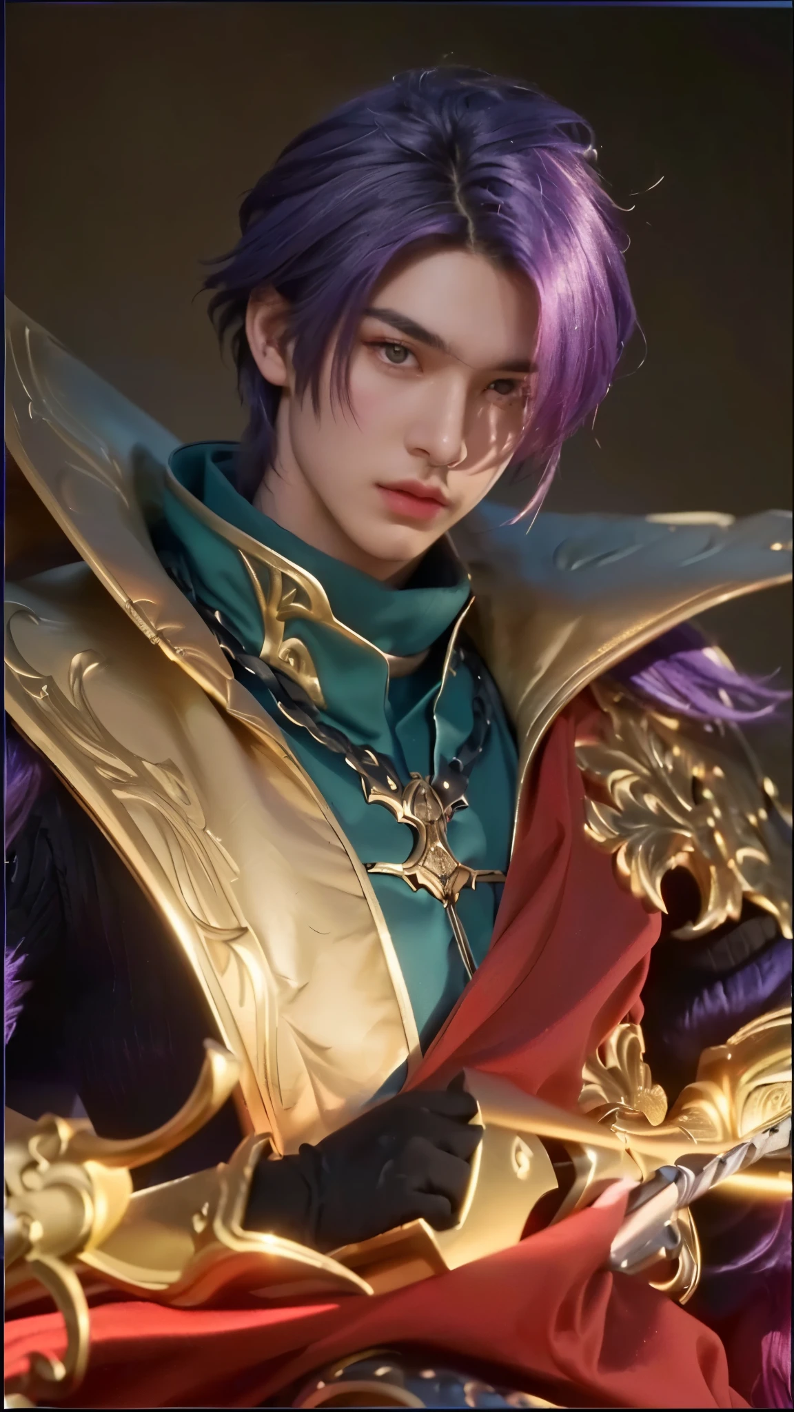 a close up of a boy with detailed purple hair, detailed eyes, extremely detailed face, holding a sword, leblanc, style of kieran yanner, tane skin, (best quality,4k,8k,highres,masterpiece:1.2),ultra-detailed,(realistic,photorealistic,photo-realistic:1.37),studio lighting,extreme detail description,vivid colors,fantasy,concept art