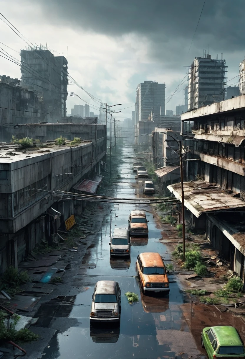 Image of the center of a modern ultra futuristic abandoned city with abandoned rusty and dirty crashed rusty cars and buses standing on a gray concrete high flyover in ruins , has dirty modern round and circular buildings in ruins, cyberpunk style, gray environment, image with shades of gray, rain and puddles of water on the ground, Science fiction, top view from a height of 30 meters, apocalipse nuclear, urban scenery with poles with traffic lights and wires of poles fallen to the ground ,  there is a rusty chain link fence around the buildings, There are billboards that have been erased and fallen from buildings, many buildings on the horizon, there is a collapsed building, as realistic as possible, high qualiy, 4K, hyper detailled