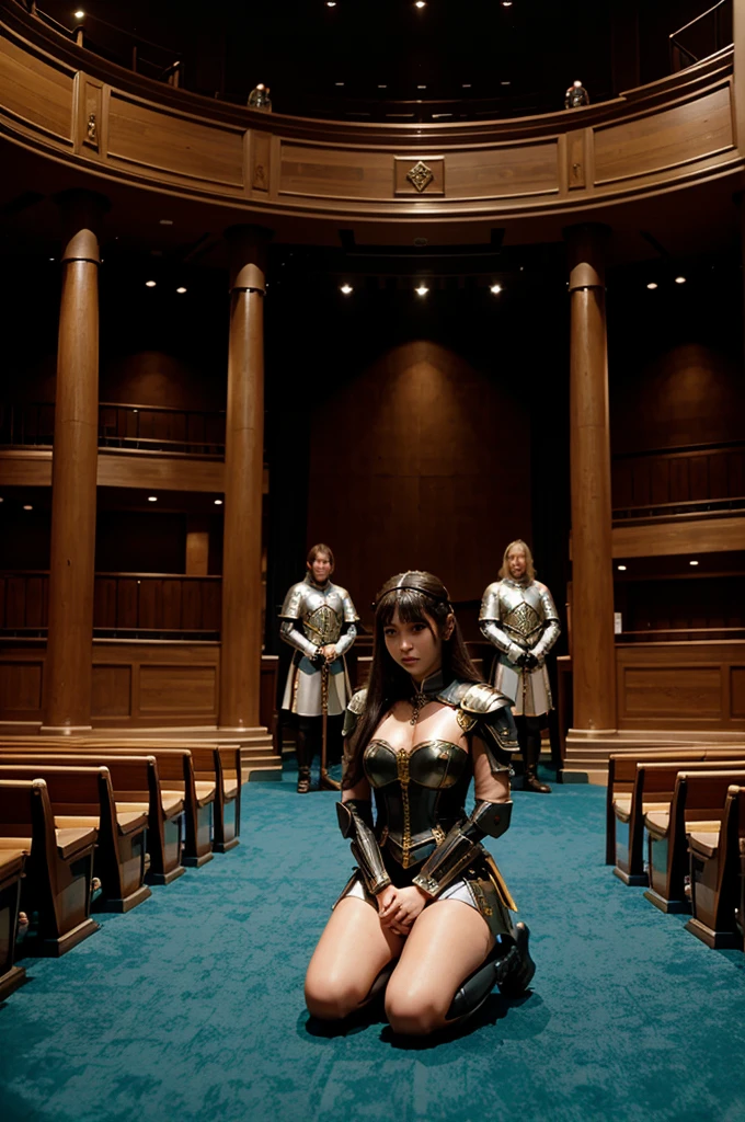 The knights lined up neatly and knelt down before a queen in the auditorium, anime fantasy style