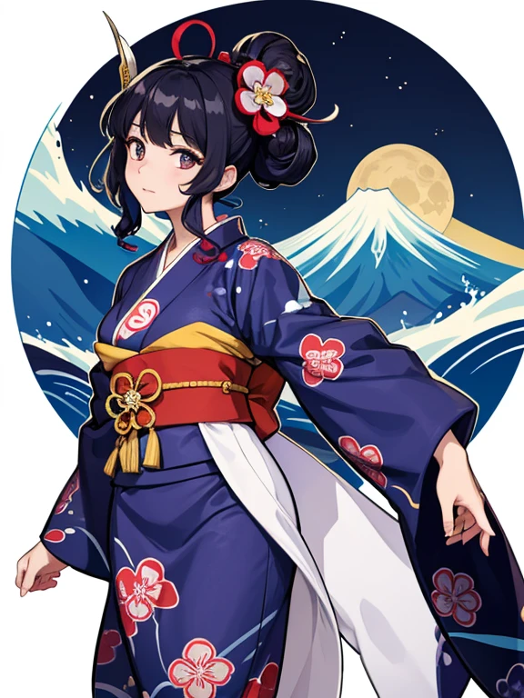 (Highest quality、masterpiece、High resolution、8K)、Ukiyo-e、Vibrant colors、Katsushika Hokusai、1 female、Black hair Japanese topknot、whole body、The kimono has a vivid floral pattern on a white background.、Official Art、背景はUkiyo-e風、White waves and Mt. Fuji、Flowers and Moon、White waves and the moon