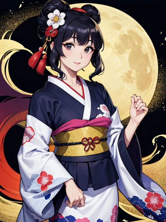 (Highest quality、masterpiece、High resolution、8K)、Ukiyo-e、Vibrant colors、Katsushika Hokusai、1 female、Black hair Japanese topknot、whole body、The kimono has a vivid floral pattern on a white background.、Official Art、背景はUkiyo-e風、White waves and Mt. Fuji、Flowers and Moon、White waves and the moon