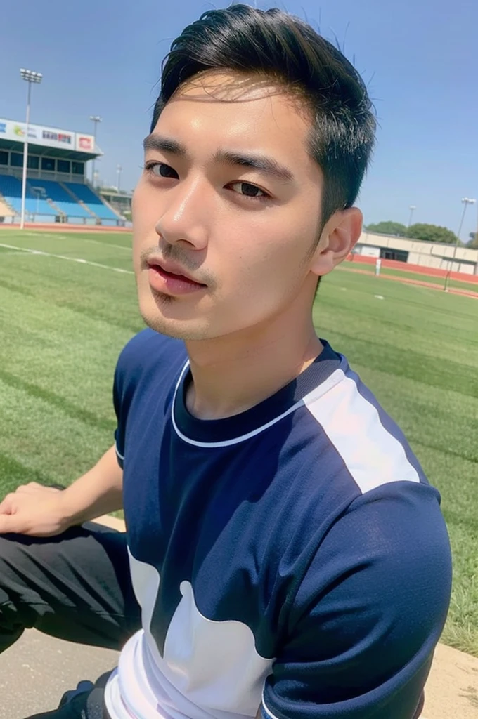 young asian man Looking at the camera in a sports shirt , Fieldside, beach, sunlight, looking at the football field