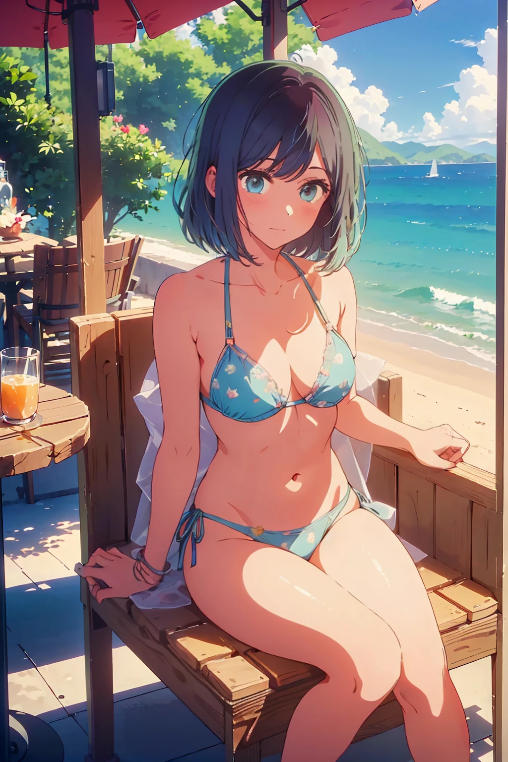 (Highest quality:1.4、masterpiece:1.4、Super detailed:1.4、8K:1.4)、((((1 person、Surprised expression、sit、Outdoor café terrace、coastal、juice、table、Sandy Beach、juiceのグラスを持つ、Plain Bikini、The depth of the written world、Very soft boobs、Big eyes、Very cute face))))、F cup bust、Medium breast、Drawstring front